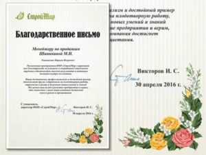 Образец благодарственного письма менеджеру по продажам